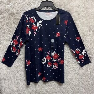 Kim Rogers Top Women's Size M Blue Cotton Floral 3/4 Sleeve Perfectly Soft Shirt